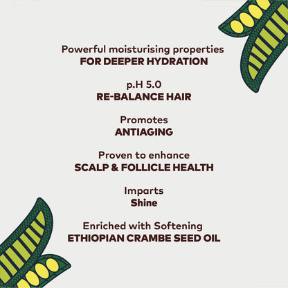 Powerful moisturising properties for deeper hydration, p.h 5.0 re-balance hair, promotes antiaging, proven to enhance scalp & follicle health, impact shine, enriched with softening Ethiopian crambe seed oil